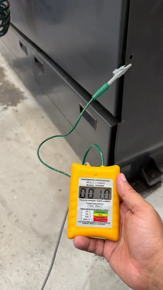 Terrômetro com garra conectada durante medição de aterramento