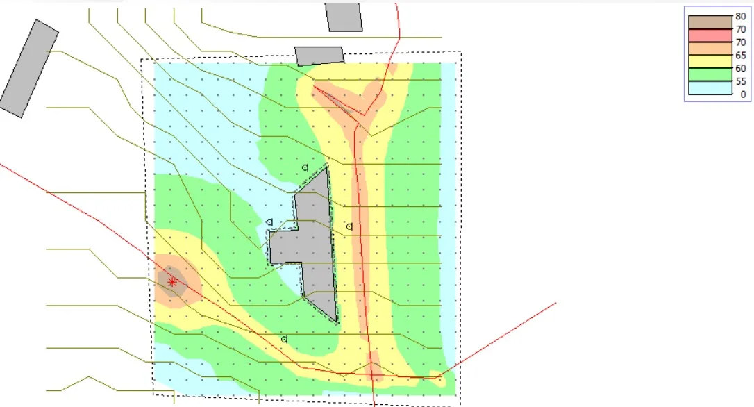 Mapa de ruído com curvas isofônicas e níveis previstos por receptor