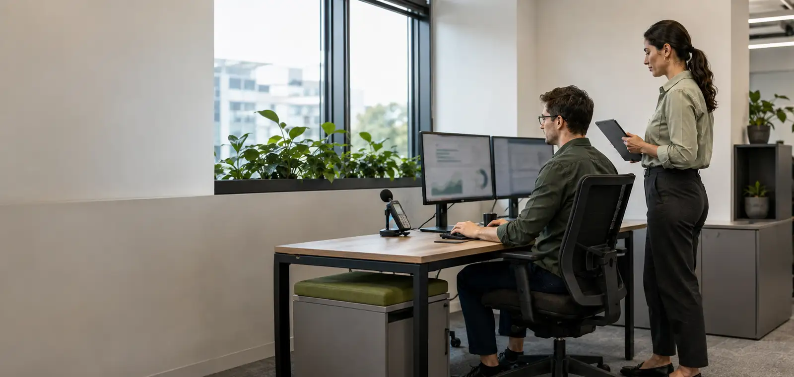 Posto de trabalho em escritório sendo avaliado com medidor de conforto acústico